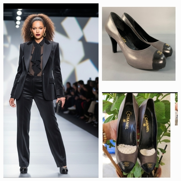 CHANEL pumps in a black and grey leather featuring a platform and cap toe with